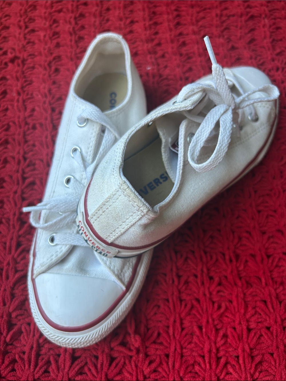 Converse Kids White Canvas Low Top Sneakers with Red Trim